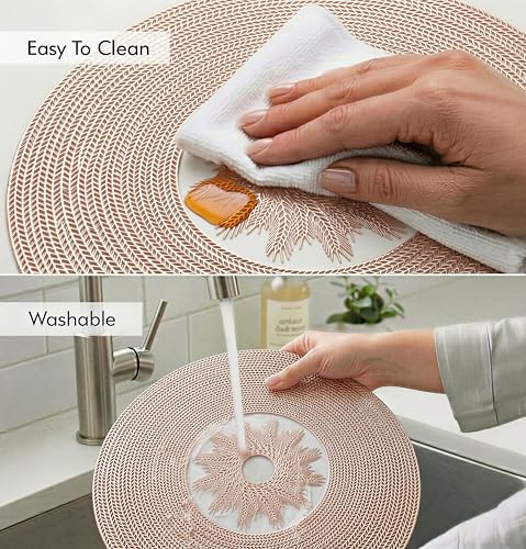 Image of Yellow Weaves 2 Pcs PVC Hollow Woven Design Table Placemat, Dining Table Mat, Anti-Skid, Washable, Dining, Kitchen, Restaurant Table Set Easy to Clean, Durable (Hollow Rose Gold)
