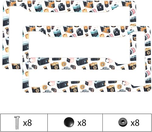 Miniatura 3 de 2 marcos de matrícula de automóvil para mujeres y hombres, cubierta de aluminio sólido con impresión de película de cámara vintage para accesorios