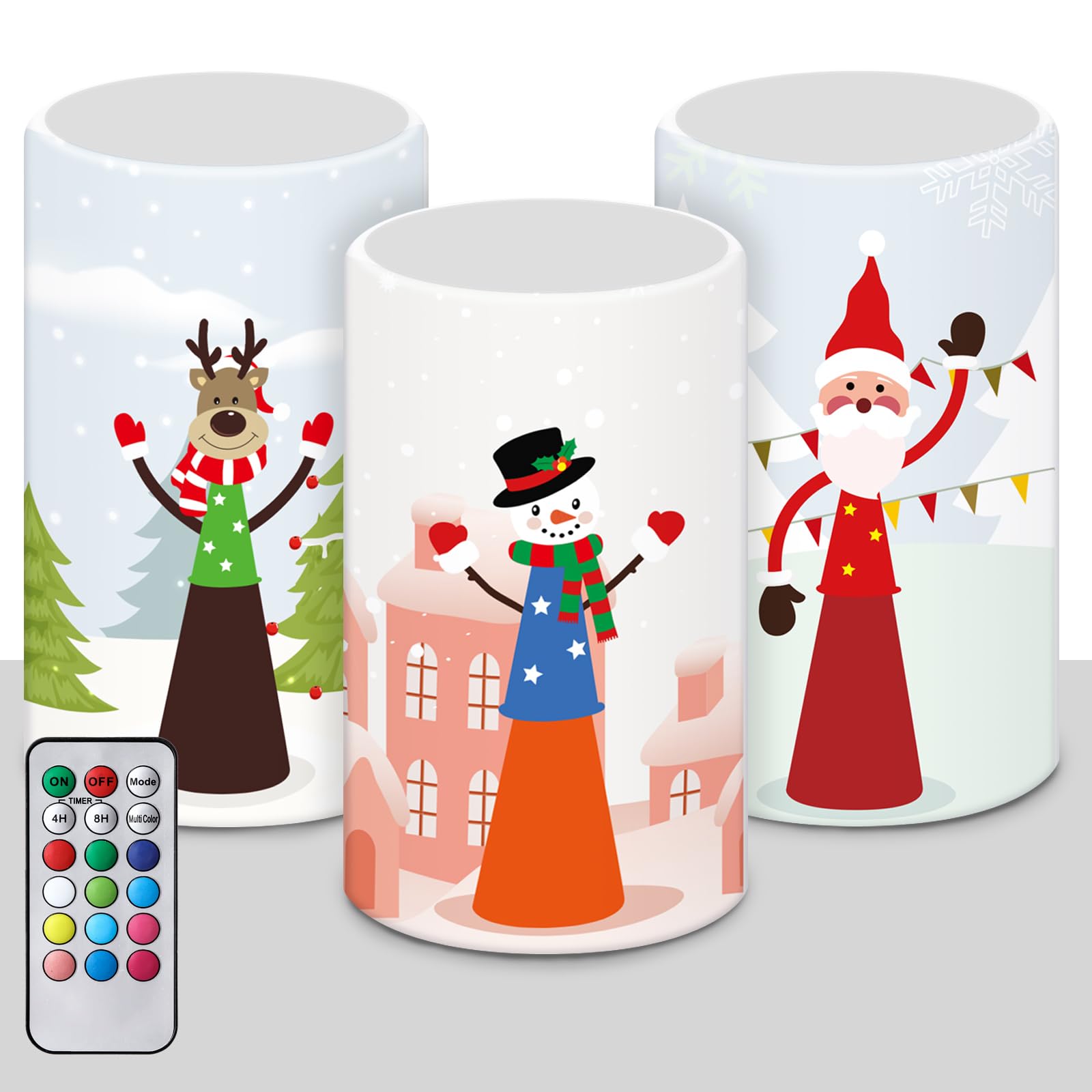 Retisee 3 Pcs Christmas Flameless Candles Snowman Xmas Deer Santa Claus Christmas Battery Operated Candles Xmas Flickering Led Pillar Candles for Christmas Home Party Holiday Decor with Remote Control