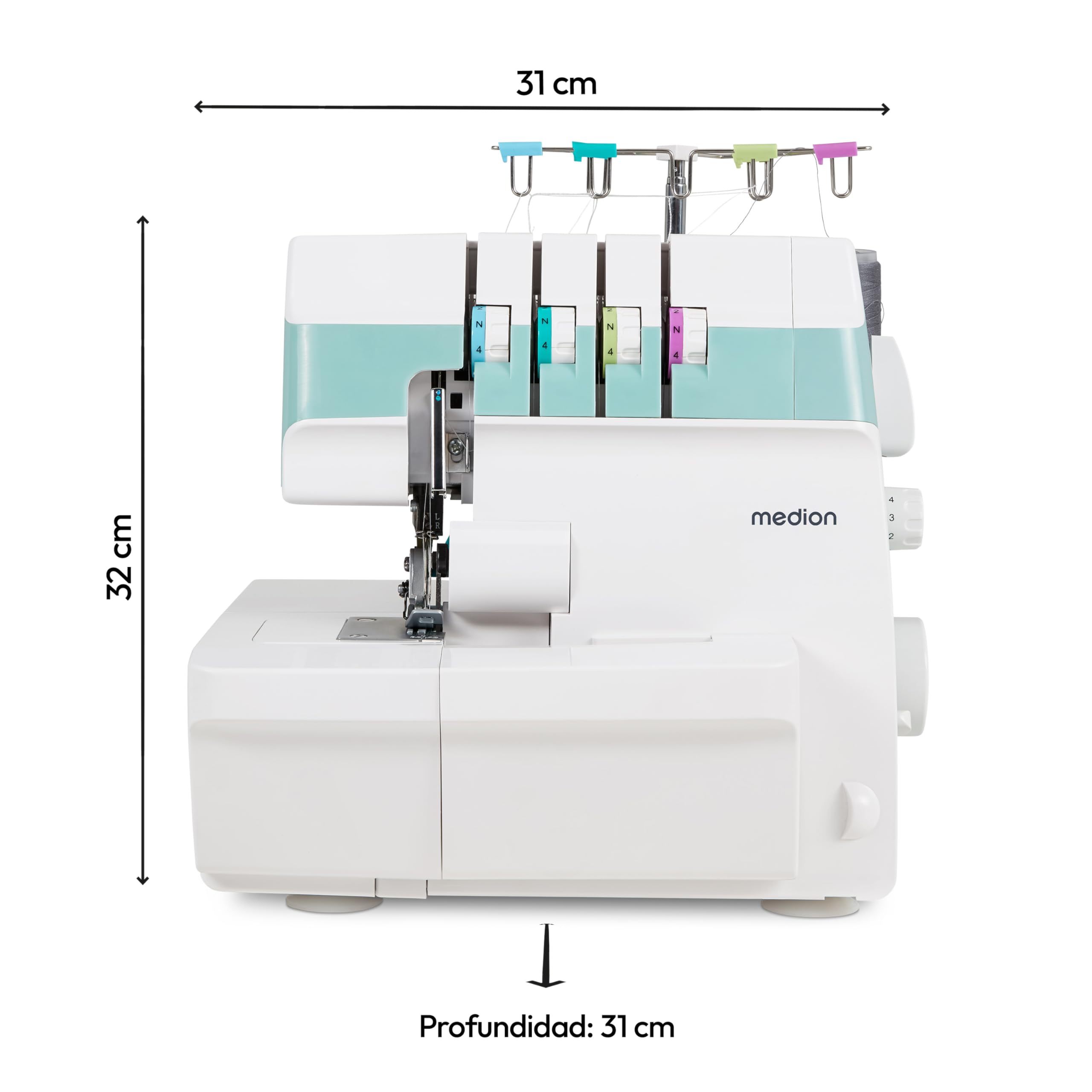 MEDION Máquina de coser overlock SO90 (eléctrica, 90 vatios, luz LED, corte en una pasada, numerosos accesorios, MD19169) turquesa