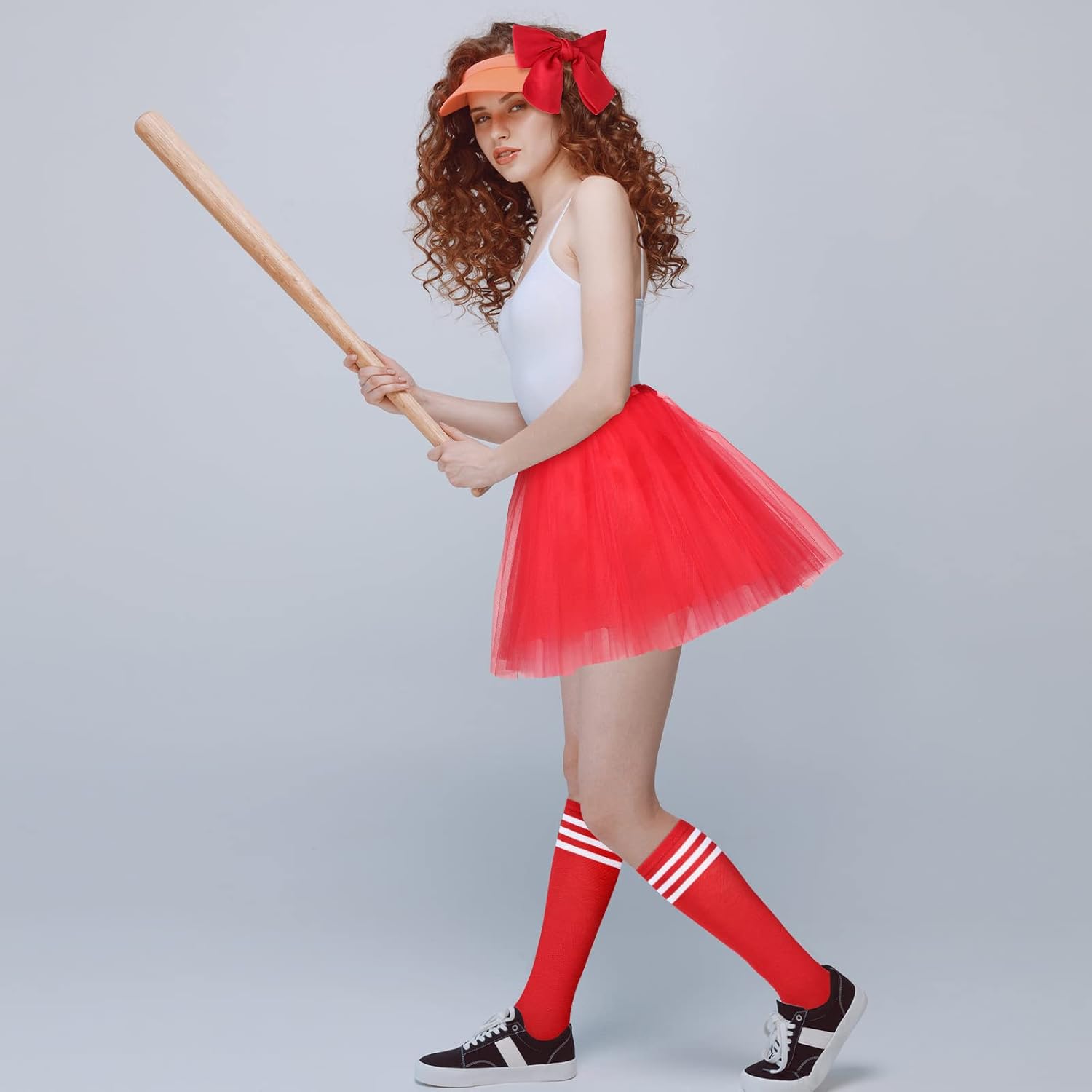 Unittype 3 Pcs 80s Tutu Skirt Set 4 Layer Tulle Striped Socks