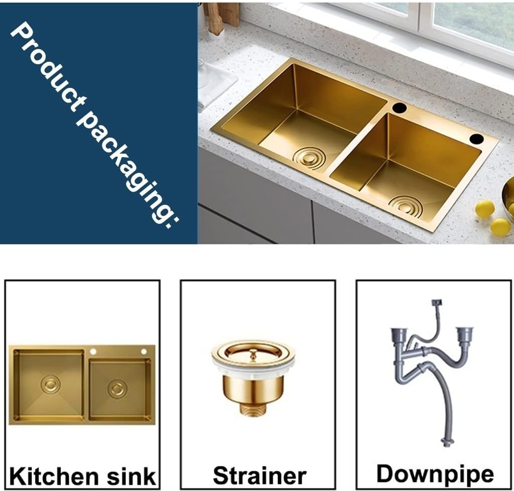 Large Gold Double Bowl Bar Prep Sink Home 304 Stainless Steel Kitchen Sink RV Sink Drop-in Or Undermount (Color : Gold-1, Size : 80x45x22cm) (Gold1 78x43x22cm)