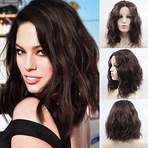 Women's Short Bob Wigs Wavy Brown Lace Front Synthetic Wig For Women Glueless Lace Front Wig Heat Resistant Fiber Hair Half Hand Tied 8 inches