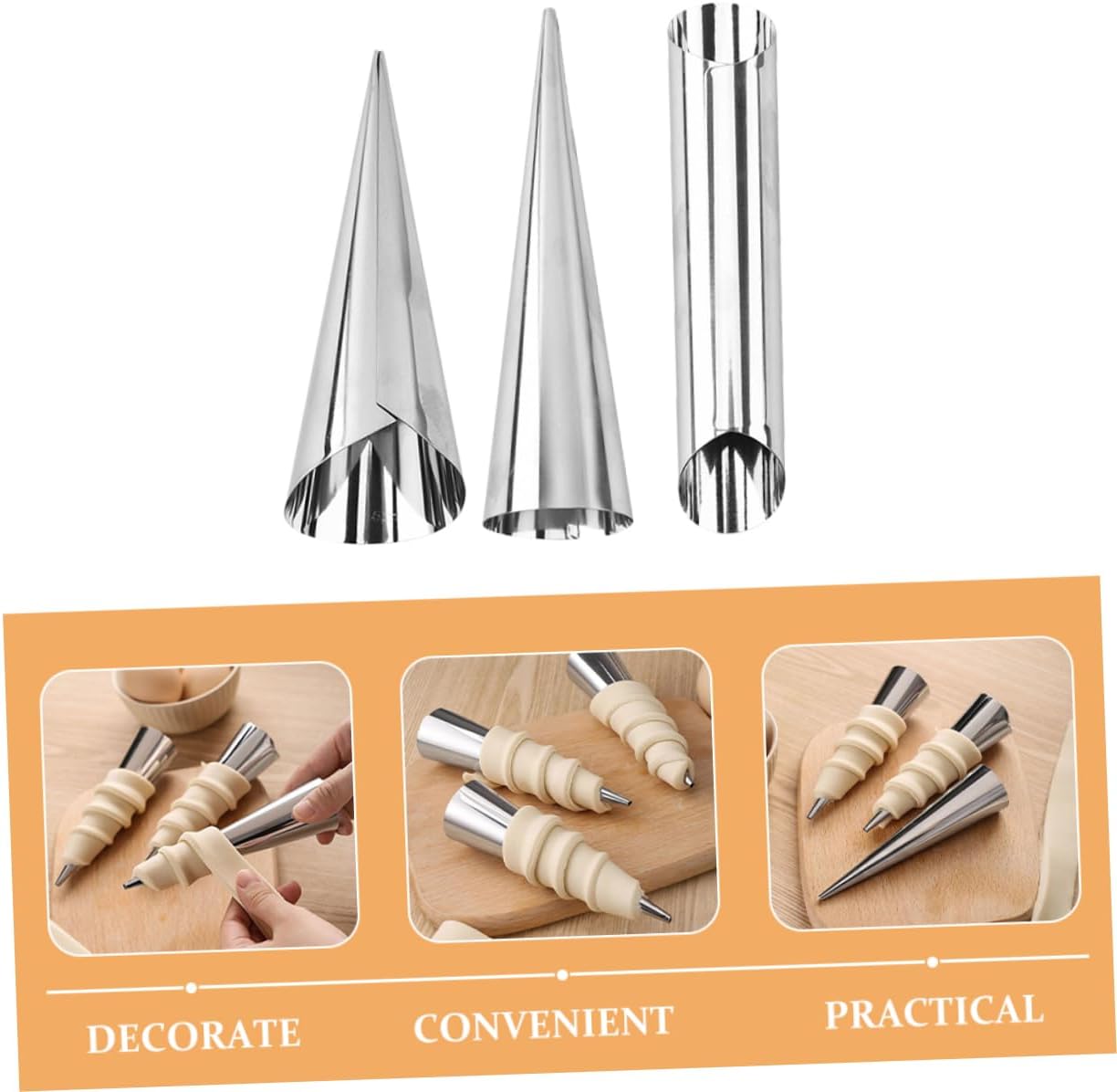OUNONA 2sets Horn Molds Stainless Steel Bread Baking Molds Conical Shape for Baking Pastry Decorations 12pcs*2