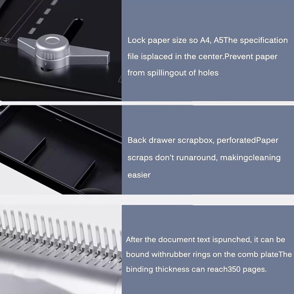 Rilegatrice a pettine con punzonatrice integrata, margine regolabile, raccoglitore 2 in 1 e perforatrice per documenti, relazioni, opuscoli, uso domestico e ufficio