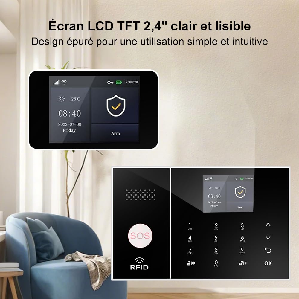 Alarme maison sans abonnement sans fil WiFi + 4G pour maison et appartement, kit alarme connectée Smart Life, alertes par appel & SMS, compatible Alexa & Google Assistant (Lot de 12 articles)