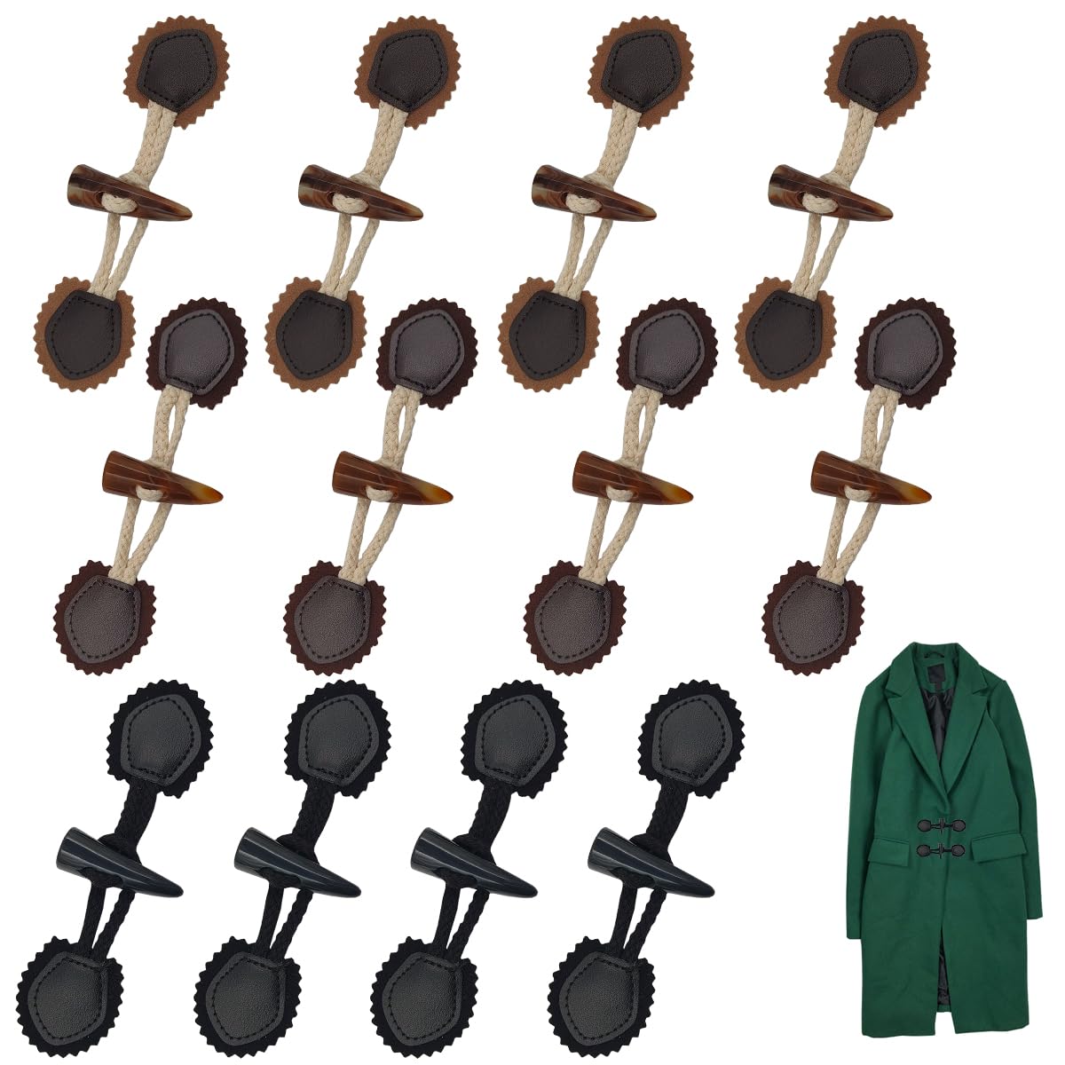 DanziX 12 Sets PU Leather Sew-On Toggles Closure, Resin Horn Button Accessories for Coat Clothing Jacket, Black, Brown and Khaki