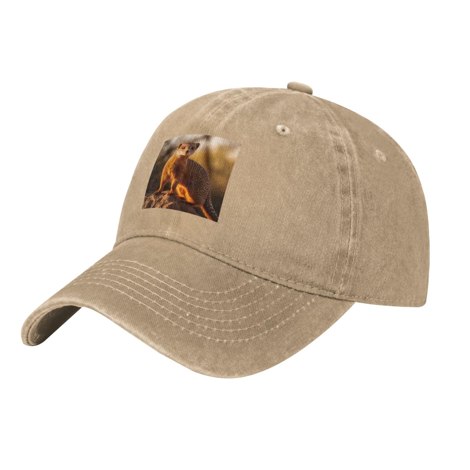 Black Classic Washed Denim Baseball Cap Meerkat Printed Adjustable Cotton Hat for Men & Women