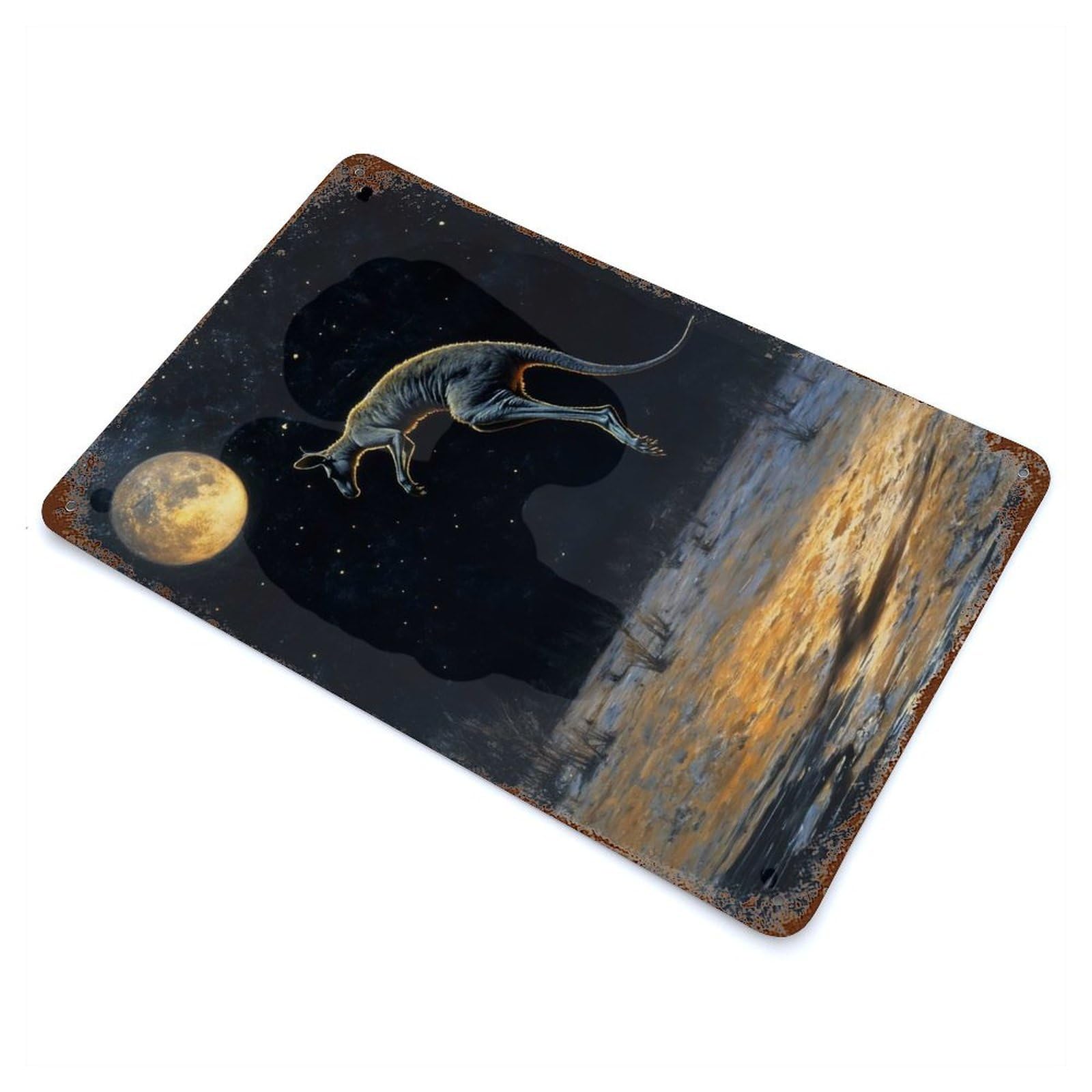 Kangaroo Leaping Under Moonlight Decorative Tin Sign 11.8"x7.9", Retro Wall Decor for Living Room, Hallway And Home Decor