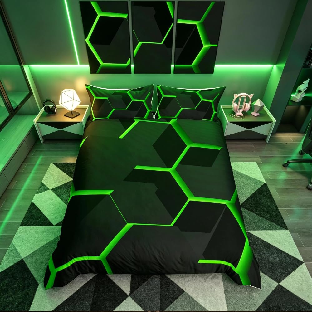 Homemissing Multicolored 19215 Double Geometric Honeycomb Duvet Cover Fluorescence Green Doublehexagon Comforter Cover Beehive Hexagon Bedding Set Geometrical Bedspread Beehive Decor Quilt Cover 3Pcs