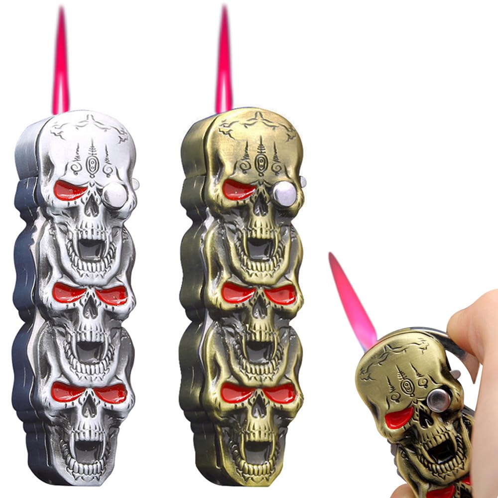 YEXPBDJ 2 Pack Golden and Silver Skull Windproof Butane Jet Torch Lighter,Funny Cool Lighters,Adjustable Jet Flame Torch,Refillable,Grill BBQ Candle