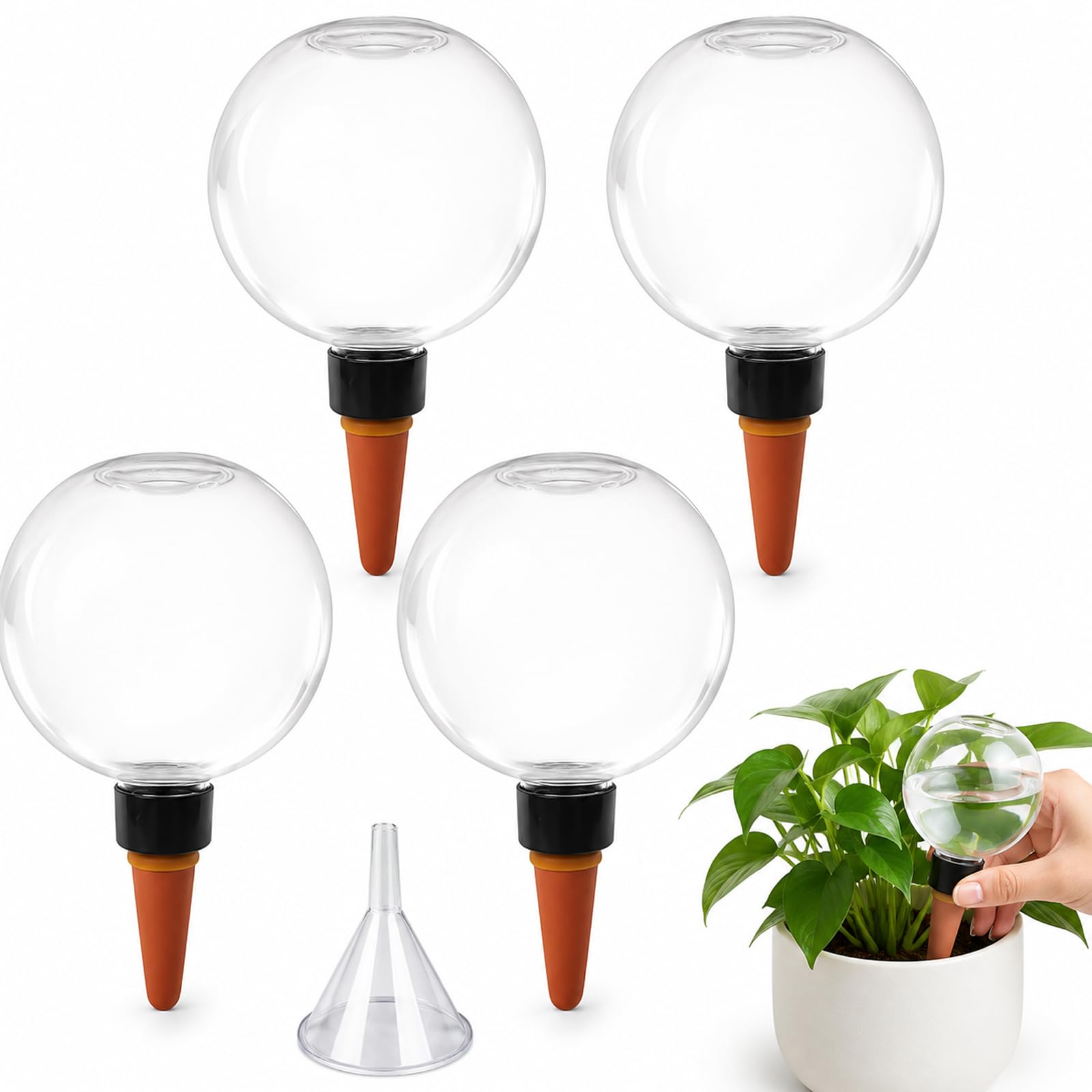 LMSAWK 4Pcs Plant Watering Globes, 500ML Transparent Plant Watering Devices, Self Watering System Plants Spikes, with Water-Filling Funnel, for Indoor and Outdoor Plants at Home