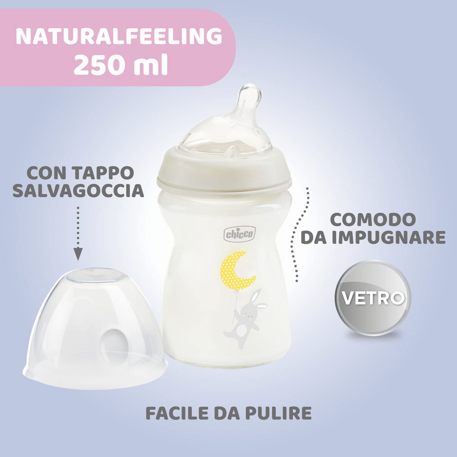 Chicco Natural Feeling Biberon Anticolica 0 Mesi + da 250 ml in vetro, Biberon con Tettarella in Silicone Morbida e Flessibile, Adatto per Allattamento Misto, flusso lento, Colore Neutro