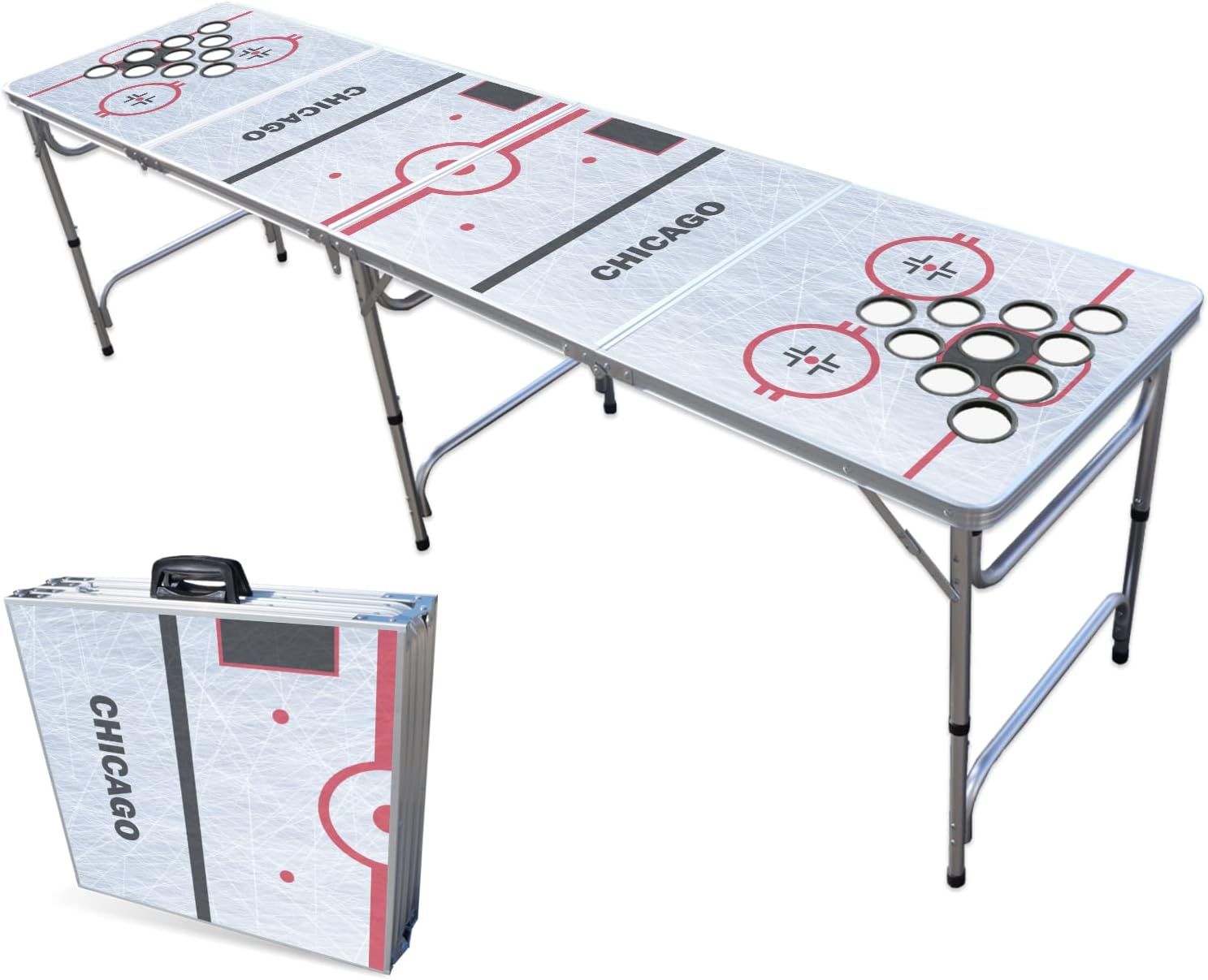 8-Foot Folding Portable Pong Table w/Optional Cup Holes & LED Lights - Chicago Hockey Rink (Choose Your Model)