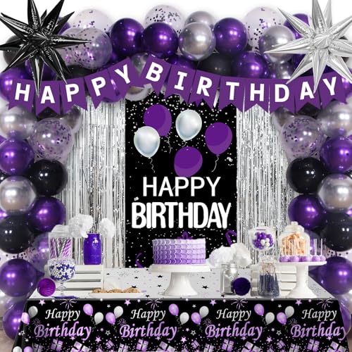 Purple and Black Birthday Decorations for Women Men Happy Birthday Decorations for Girls Boys Purple Bday Party Decorations Banner Balloons Tablecloth Foil Backdrop Star Balloons Bday Party Decor