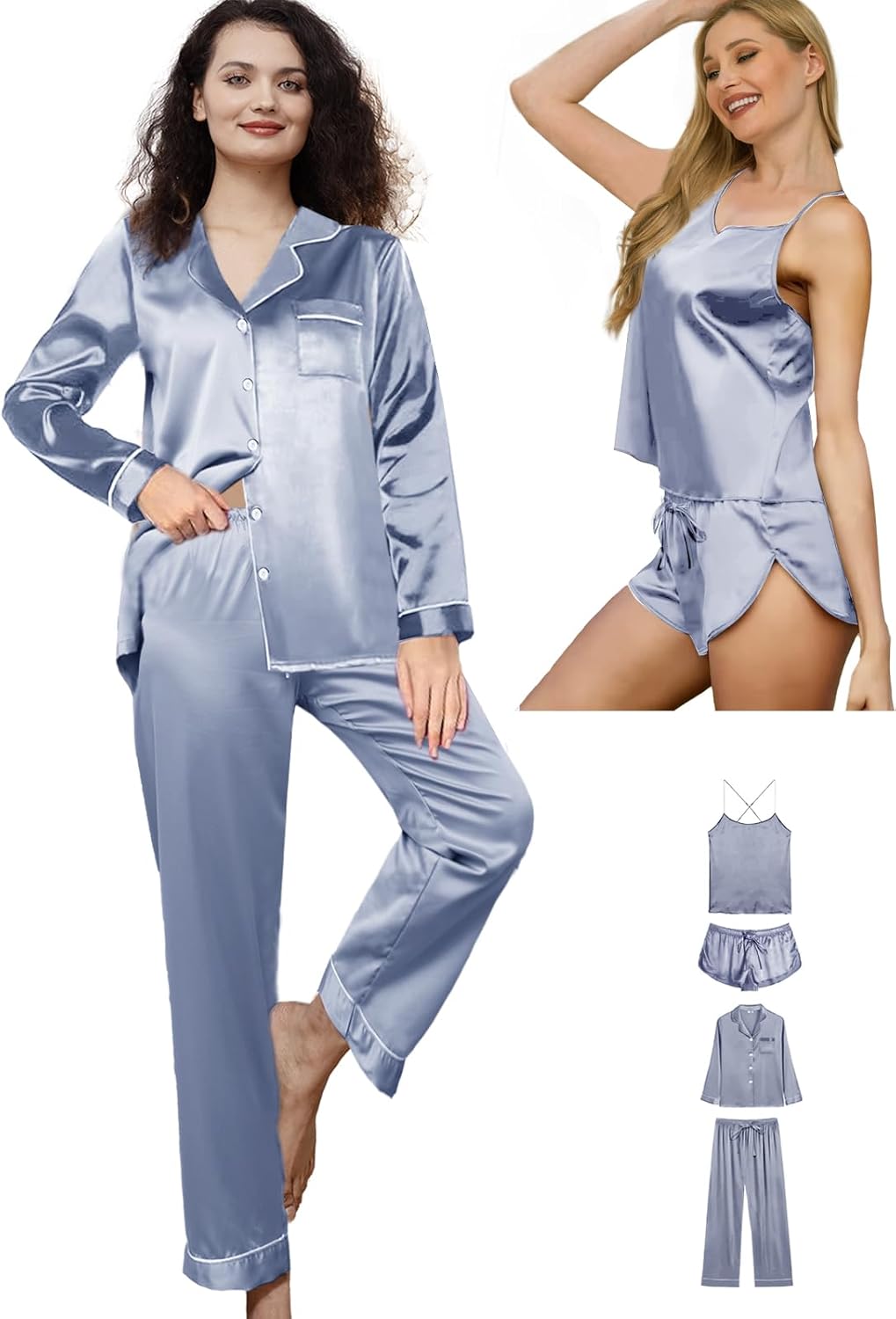 4Pcs Womens Silk Pajama Sets Satin Pajamas Set Sexy Cami Lingerie Pjs Nightwear Sil... - Image 6