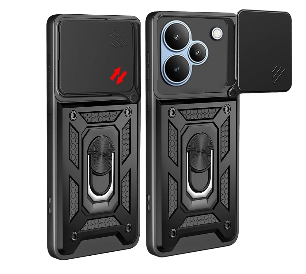 Image of Heavy Duty Back Case Cover for Realme P4 5G, Shockproof Realme P4 Back Cover, Ring Case with Kickstand and Camera Protection Shutter - Black