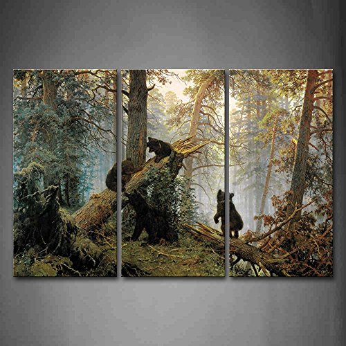 Firstwallart Bears Play in Forest Broken Tree Wall Art Painting The Picture Print