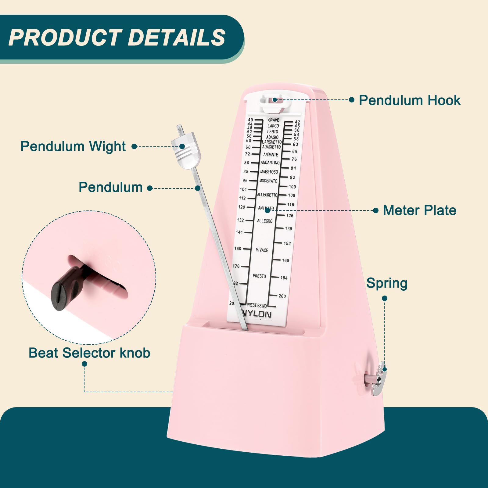 QUARKZMAN Metronome Mecanique, Chronometre Musical De Haute Precision Avec Mouvement En Metal Metronome Universel Pour Piano Guitare Violon Ukulele Player, Rose