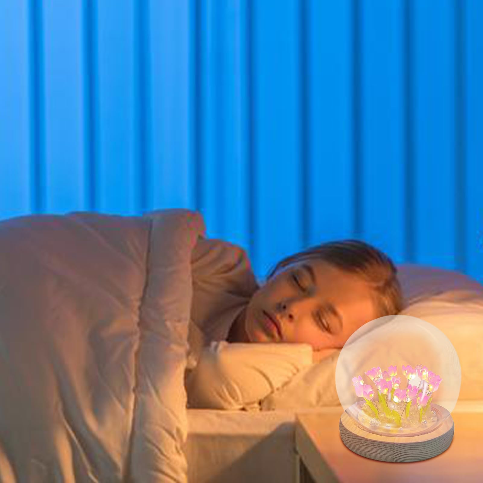 Kit luce notturna tulipano, luce notturna per camera da letto con fiori fatti a mano, lampada a forma di tulipano alimentata a batteria, lampada da tavolo con fiori artificiali in vetro per
