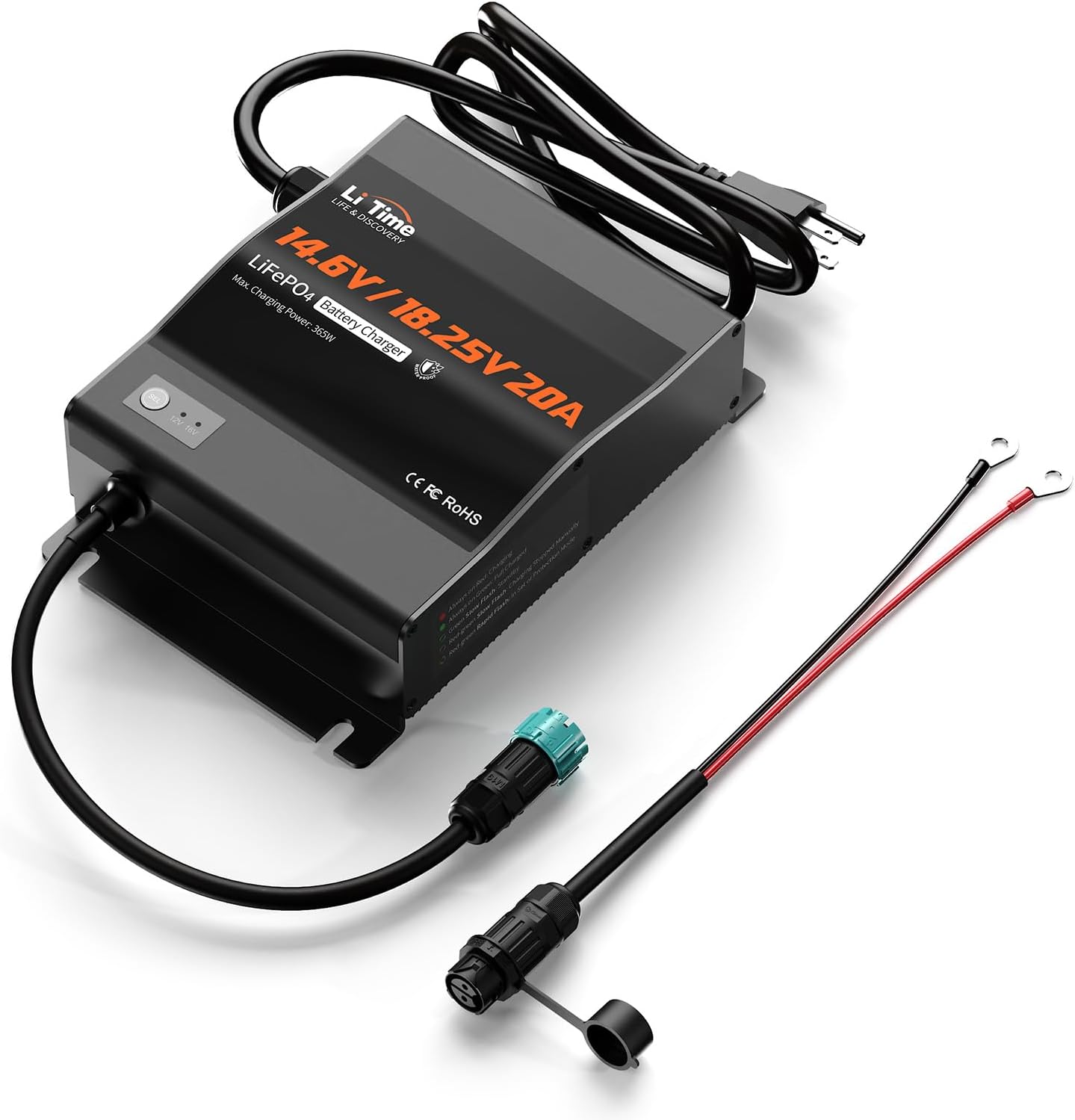 LiTime 12V(14.6V) & 16V(18.25V) 20A Mountable LiFePO4 Battery Charger, IP65 Waterproof, AC to DC Fast Charger with Adjustable Voltage, Smart BMS Activation & LED Indicator