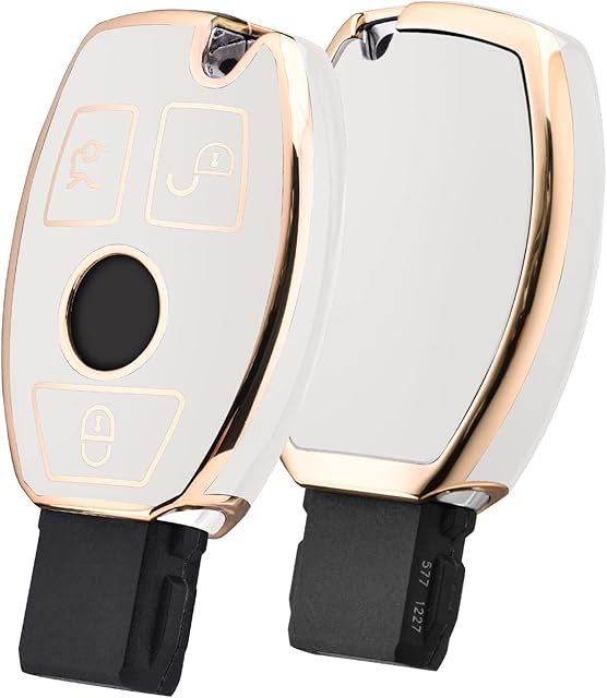 OATSBASF Mercedes Benz Car Key Case, Key Cover for Mercedes Benz W204 W211 2-3 Keyless Buttons A B C E Class (Golden Edge White)