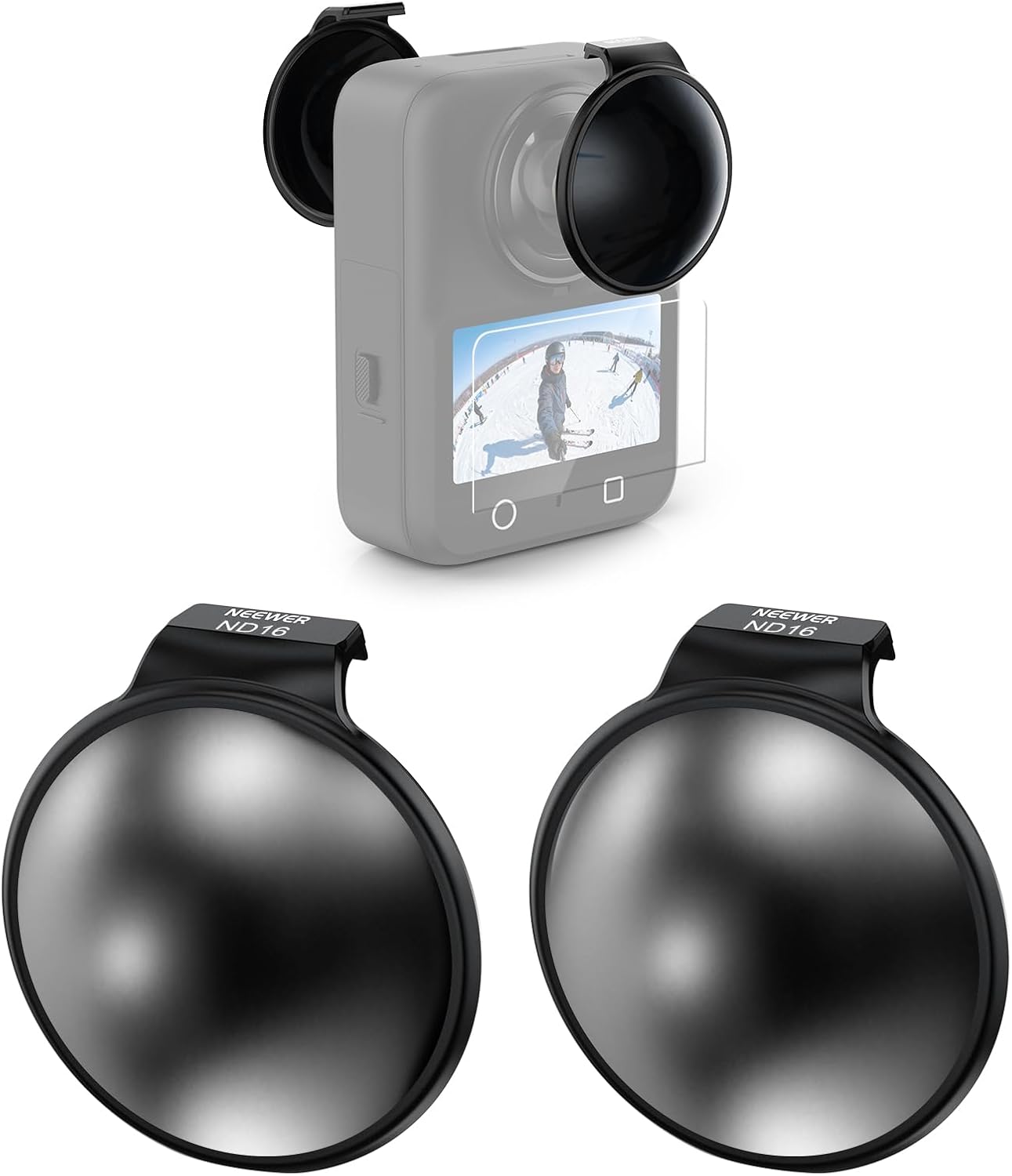 NEEWER ND Filter Set Compatible with DJI Osmo 360 Only, ND16 (4 Stops) Snap On Multicoated Optical Glass Neutral Density Lens Filter Action Camera Accessories with Screen Protector, 2 Pack
