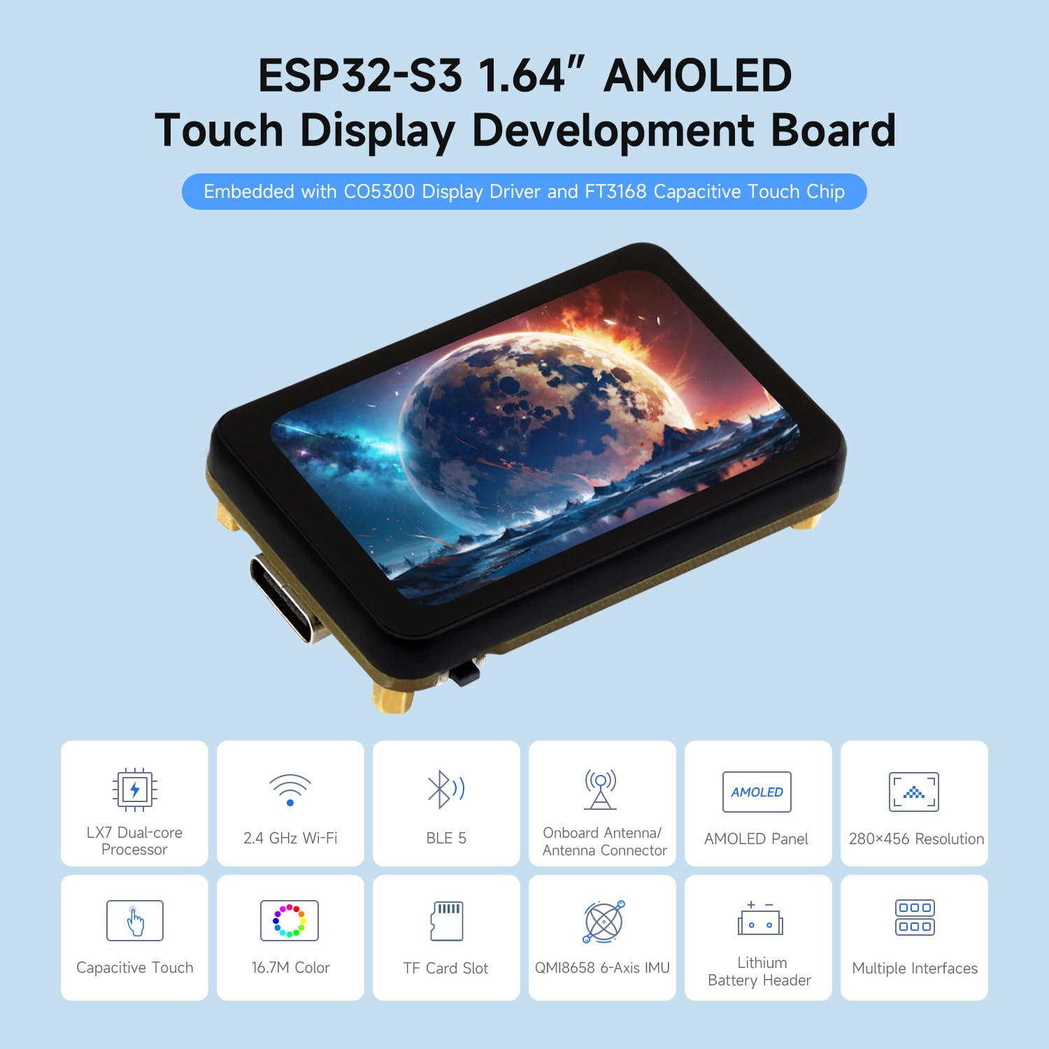 Waveshare ESP32-S3 1.64inch AMOLED Touch Display Development Board, 280x456, QSPI Interface, 32-bit LX7 Dual-Core Processor, Accelerometer & Gyroscope, ESP32 with Display