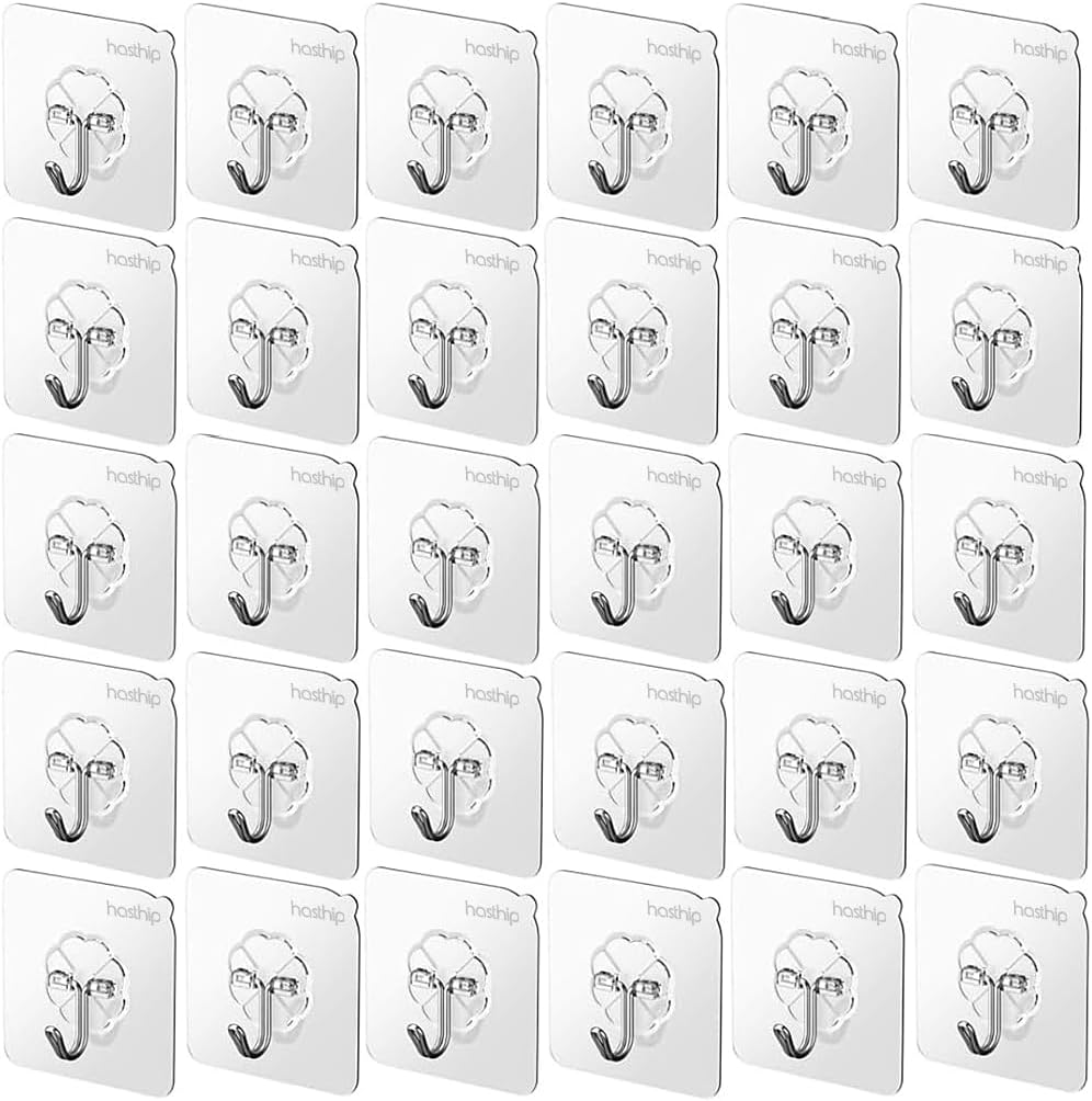 HASTHIP® 30 Pack Wall Hooks Strong Acrylic Backing Glue Walls Hook Self-Adhesive Wall Hooks for Bathroom, Kitchen Waterproof Ultra Adhesive Walls Hook (Clear)