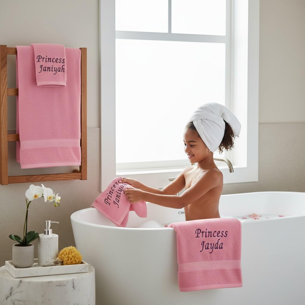BY LORA Juego de 6 toallas de algodón de rizo personalizadas, toalla de baño, toalla de mano y paño de mano, ideal para bodas, inauguraciones de casa y regalos para el nuevo hogar, color rosa