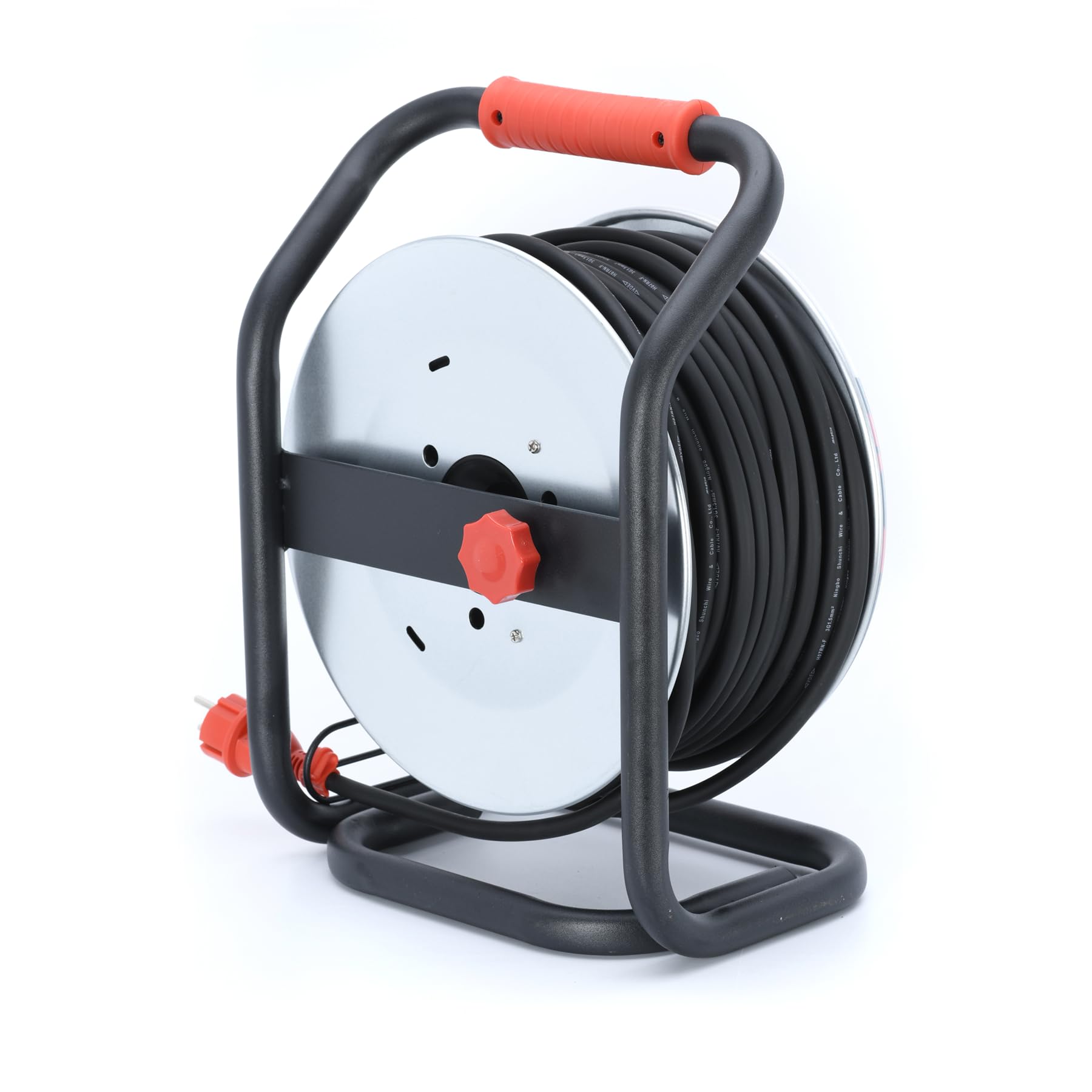 DEBFLEX - Enrollador HO7RN-F 3G1,5 mm² – Enrollador eléctrico con alargador eléctrico 50 m + 4 enchufes impermeables IP44 – Con guía de cable + bloqueo de seguridad – PVC + metal – Negro