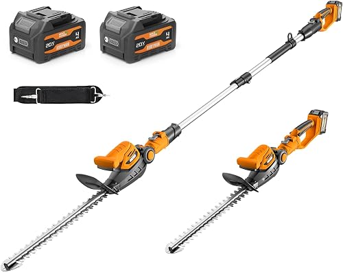 Alloyman 20V 2-in-1 Cordless Pole & Handheld Hedge Trimmer,Electric Hedge Trimmer with 2 Packs 4.0Ah Battery & Charger,8.5-Feet Reach, 11 Rotating Head Hedge Trimmers for Shrub Pruning