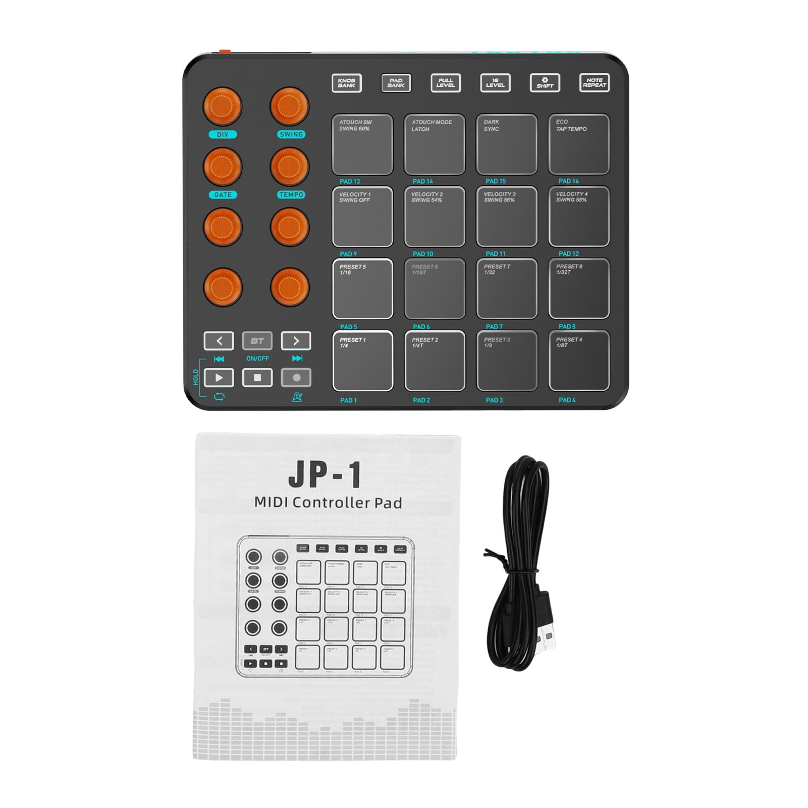 Btuty Customizable RGB MIDI Pad, Wireless MIDI Keyboard 16 RGB Pads 6 Buttons 8 Knobs Rechargeable PC Mobile App Supporting for Beginners, mit Kabelfreiem Keyboard, 16 Pads (Schwarz)