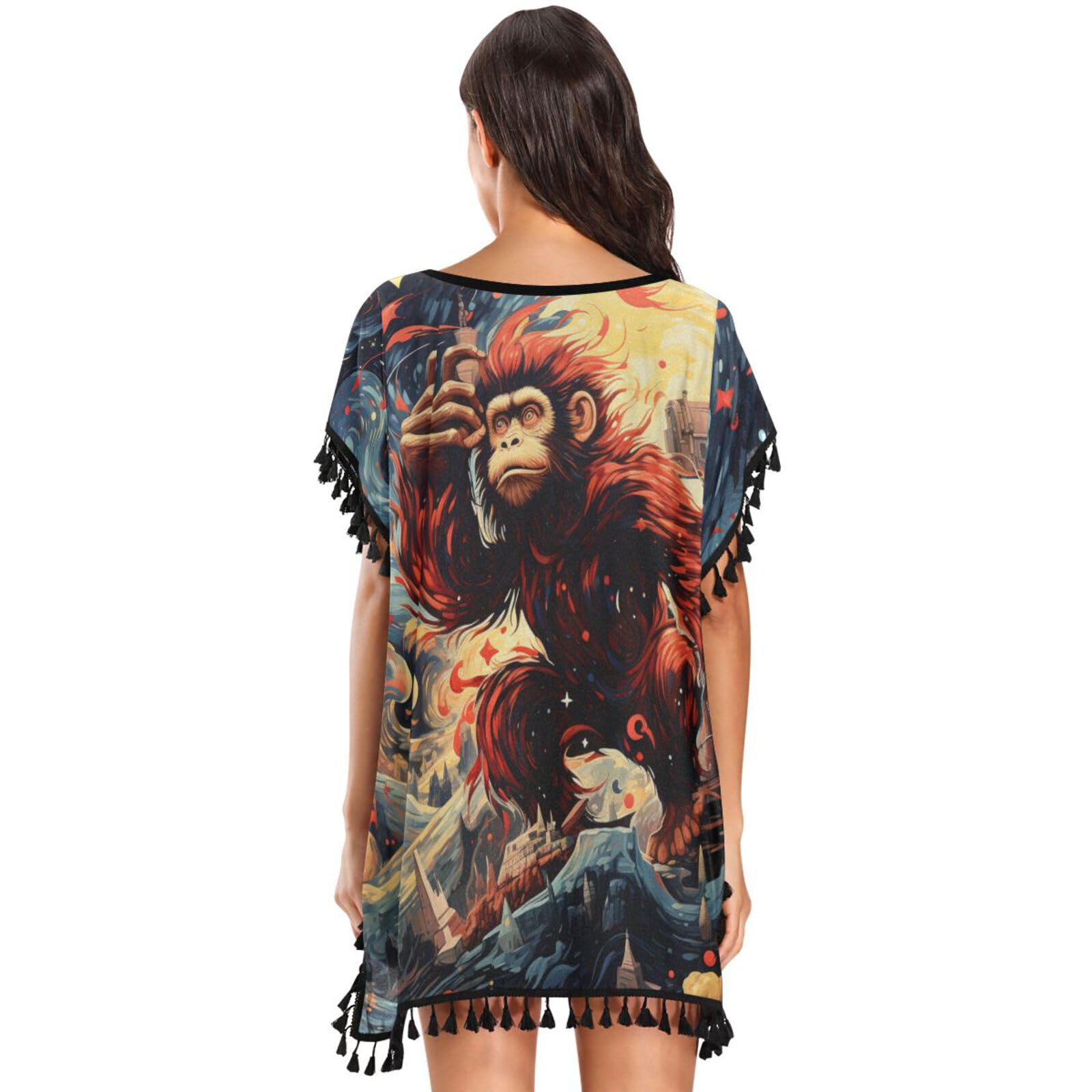 KAAVIYO Artwork Moon Monkey Women's Beach Cover Up Chiffon Tassel Swimwear Swimsuit Coverups for Girl