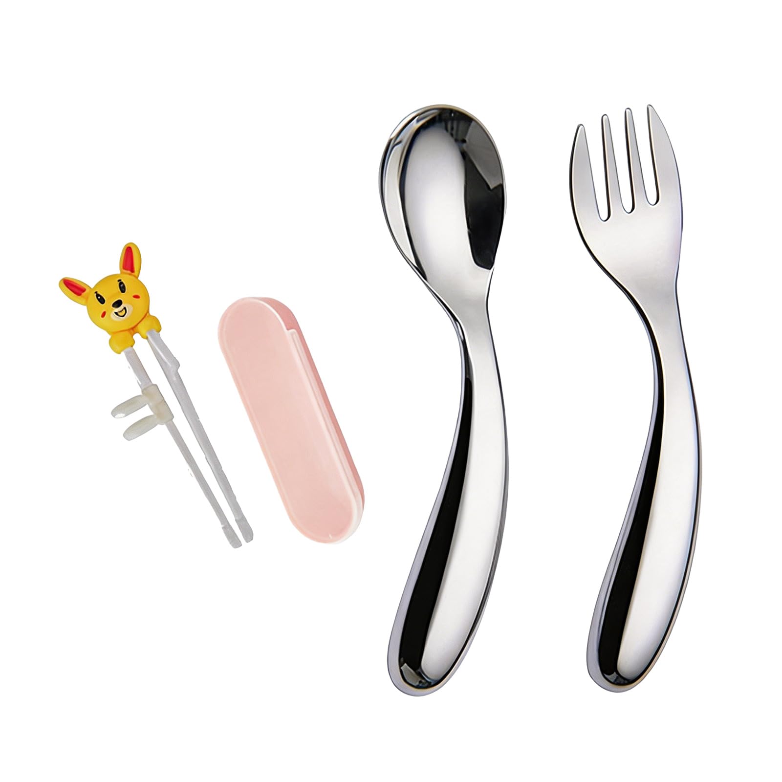 Xinsheinelry Diner Spoon and Fork Set Stainless Steel, 2 Piece Curved Handle Utensils for Learning Meals At Home Use Portable Spoon
