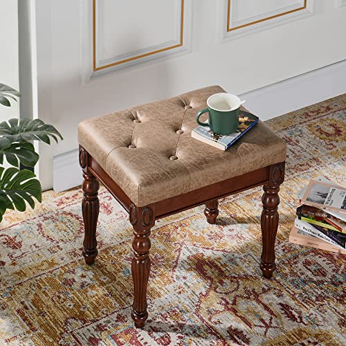 Solid-Wood-Upholstered-Vanity-Bench-Small-Vintage-Ottoman-Leather-Tufted-Foot-Stool-with-Padded-Cushion-Seat-Carved-Footrest-Rustic-Legs-for-Bedroom-Living-Room-1533LTLight-Yellow Solid Wood Upholstered Vanity Bench Small Vintage Ottoman Leather Tufted Foot Stool with Padded Cushion Seat Carved Footrest Rustic Legs for Bedroom Living Room 1533LTLight Yellow