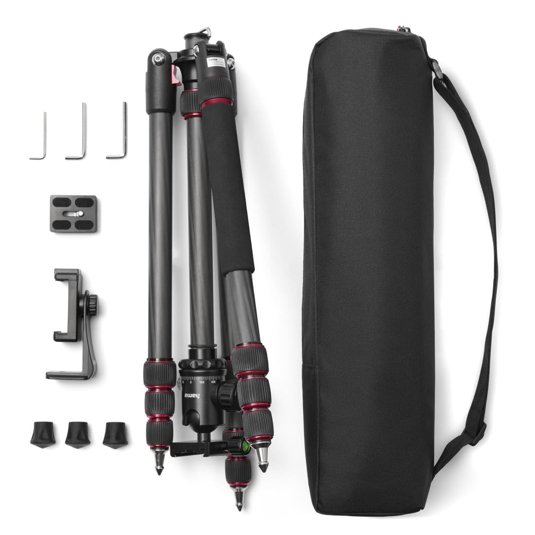 Hama Trépied Appareil Photo 2 en 1 Ramble II Duo (Plaque de Montage Rapide pour Portable, Ultraléger en Carbone, Macrophoto, Monopod ou Tripode, Max. 160 cm, tête sphérique rotative, Sac) Noir