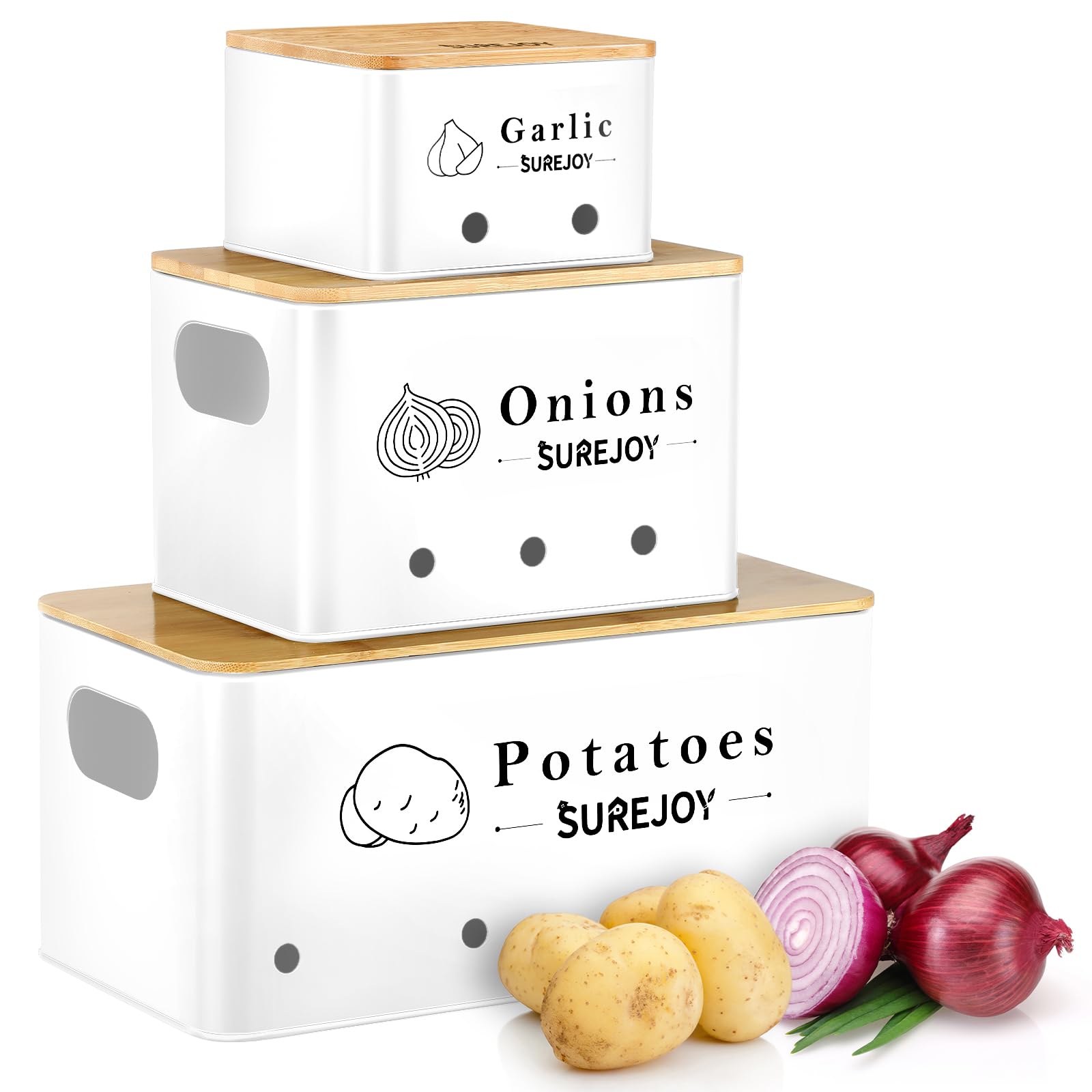 Surejoy Kartoffel Aufbewahrungsbox 3er Set, Vorratsdosen für Zwiebel Knoblauch Aufbewahrung, Hält Gemüse Länger Frisch, Küche Organizer Knoblauchtopf Kartoffelbox Zwiebeldose Behälter