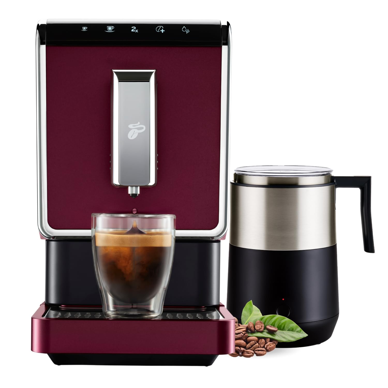 Tchibo Automatic Espresso & Coffee Machine with Induction Milk Frother for Rich, Creamy Froth, Built-in Grinder, No Coffee Pods Needed, Red