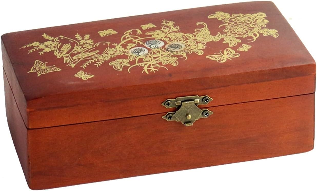 Wooden Jewelry Storage Box Organizer with Lid Shell Carving Handmade Treasure Case Container Wedding Gift