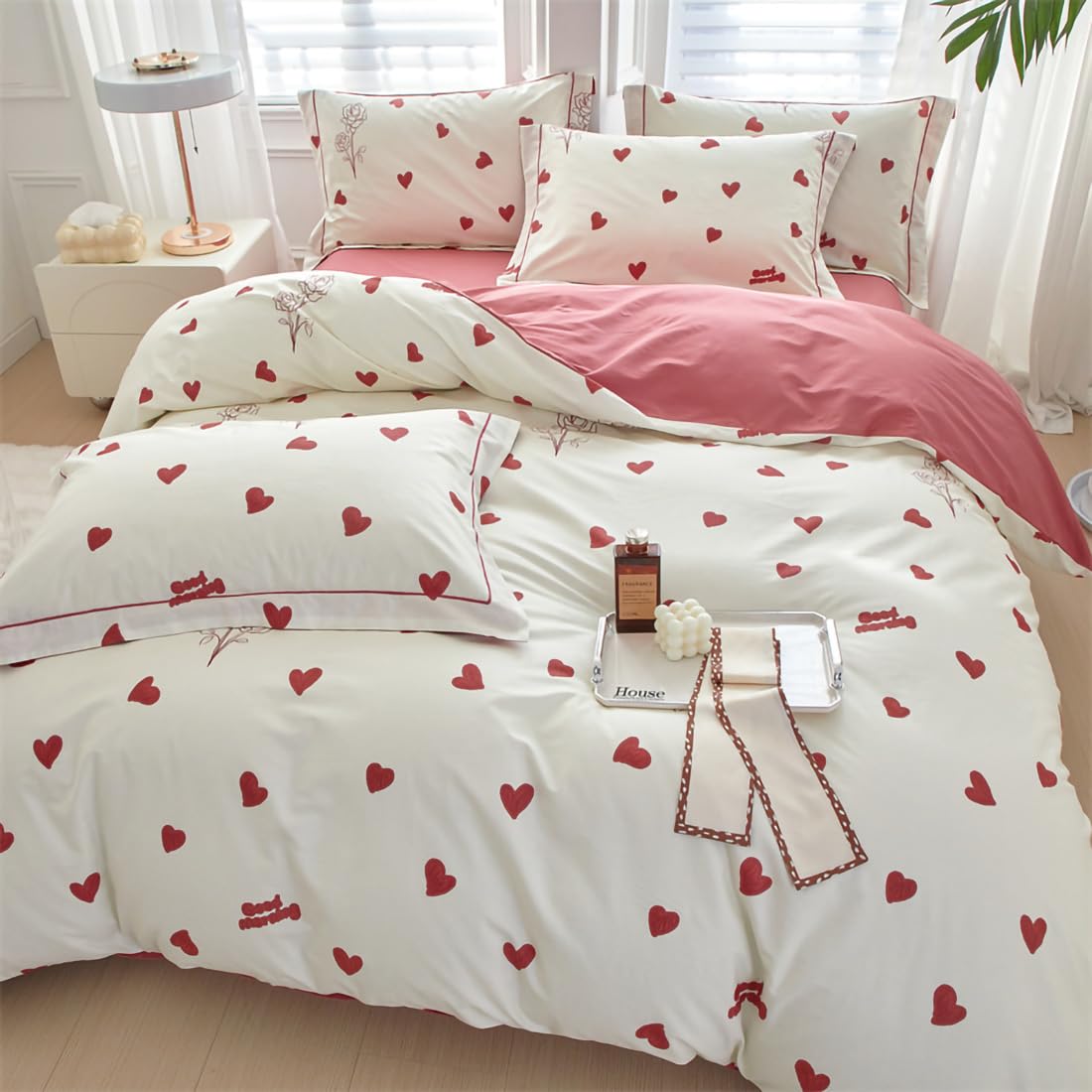 Amour Cœur Rouge Housse de Couette 280x240 Parure de Lit 280 x 240 Coeur Imprimé Rouge et Blanche Adulte 2 Personnes avec Fermeture Éclair, Motif du Cœur Parure Housse Couette en Microfibre