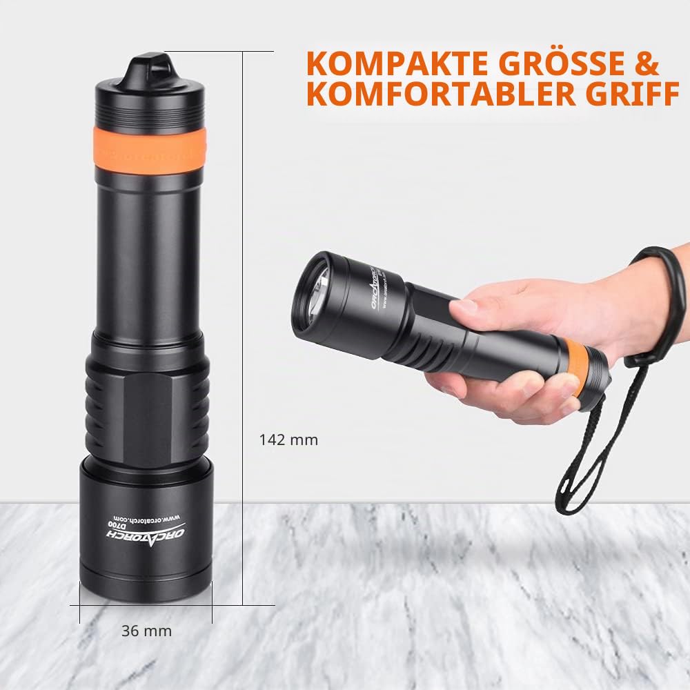 ORCATORCH D700 Tauchlicht 1700 Lumen Tauchlampe 150.0 m Tiefe Unterwasser Tauchen Taschenlampe