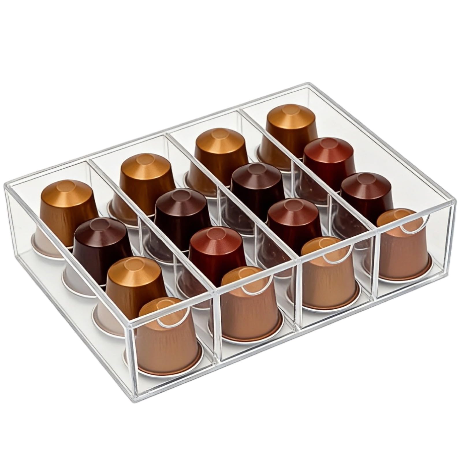 4-Compartment Drawer Coffee Pod Holder, Transparent Plastic Coffee Pod Storage, Dustproof Tea Bag Organizer for Countertop, Coffee Station, 9.64 x 6.89 x 2.56 in