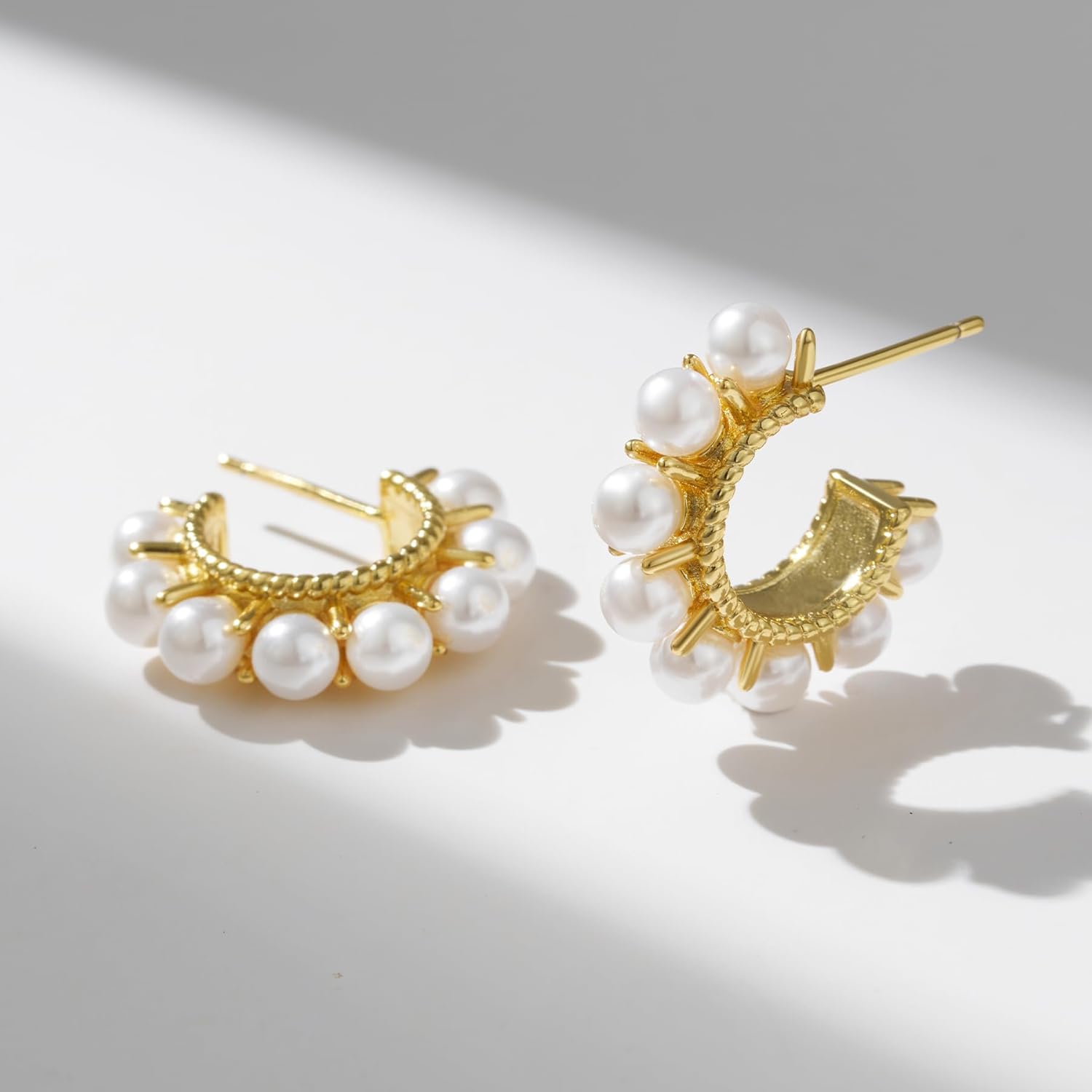 SWEETV 18K Gold Plated Pearl Hoop Earrings for Women, Small Pearl Huggie Hoops with 925 Sterling Silver Post, Lightweight Open Circle Round Pearl Earrings Jewelry Gift for Women - Image 5