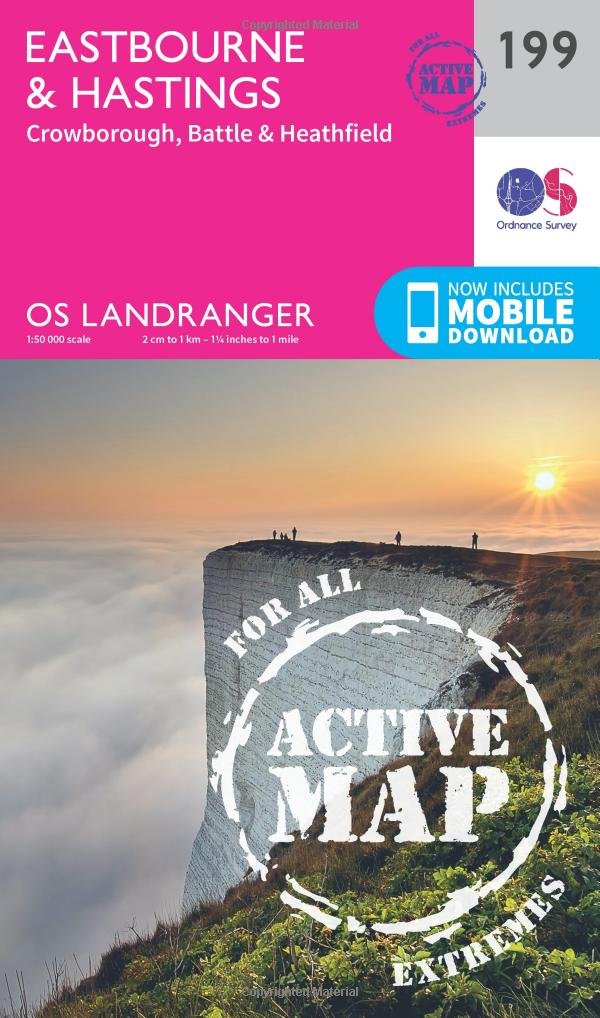 Ordnance Survey Unisex Pink Landranger Active 199 Eastbourne & Hastings, Battle & Heathfield Map With Digital Version,