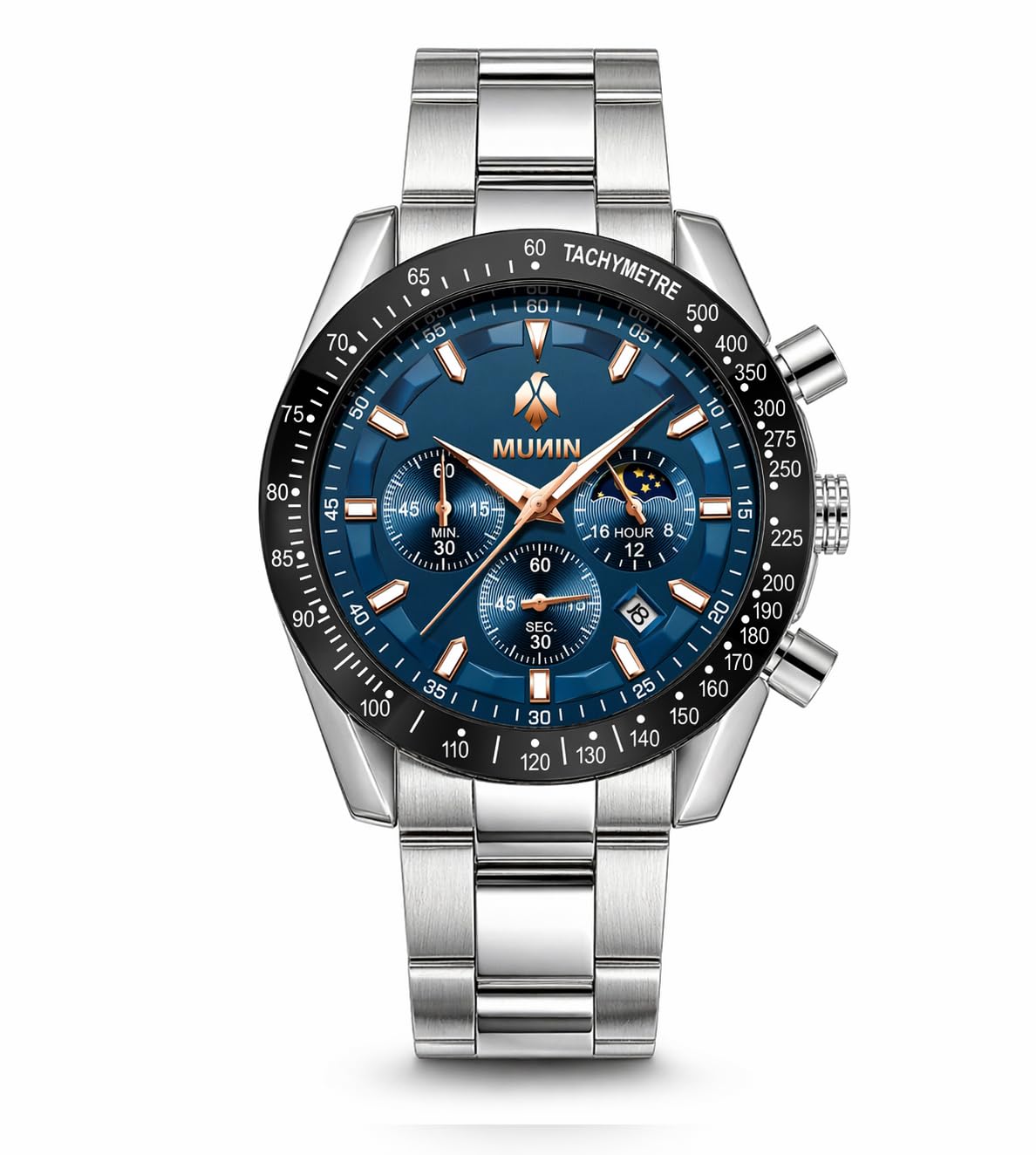 MUNIN Midnight Ocean Reloj Hombre Plateado 45 mm, Acero Inoxidable con Esfera Azul y Bisel Negro, Cronógrafo de Cuarzo Elegante para Diario, Oficina y Regalo