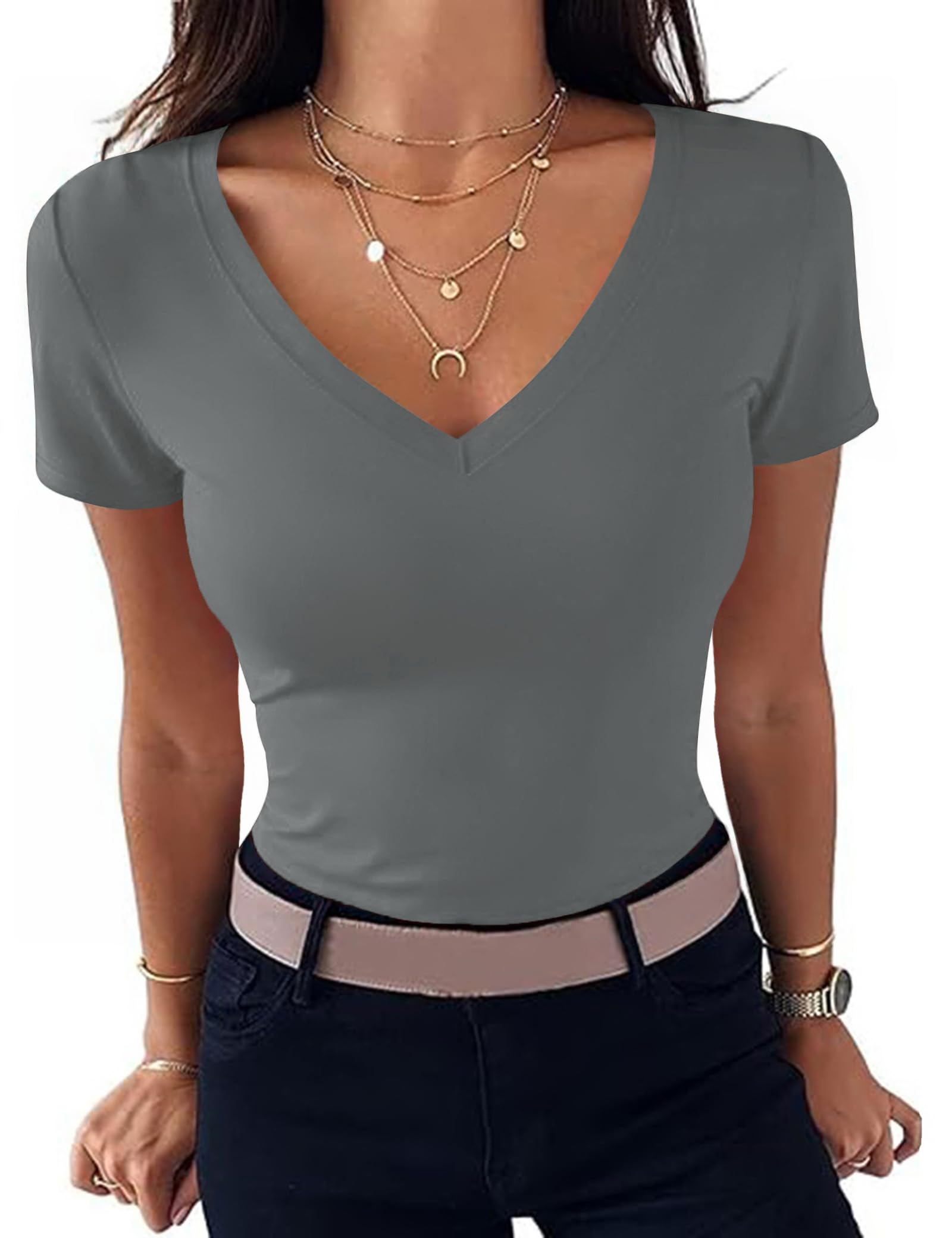 Totatuit Damen T-Shirt Sexy Kurzarm Shirt Mit V-Ausschnitt Sommer Basic Top Slim Fit Stretch Oberteil