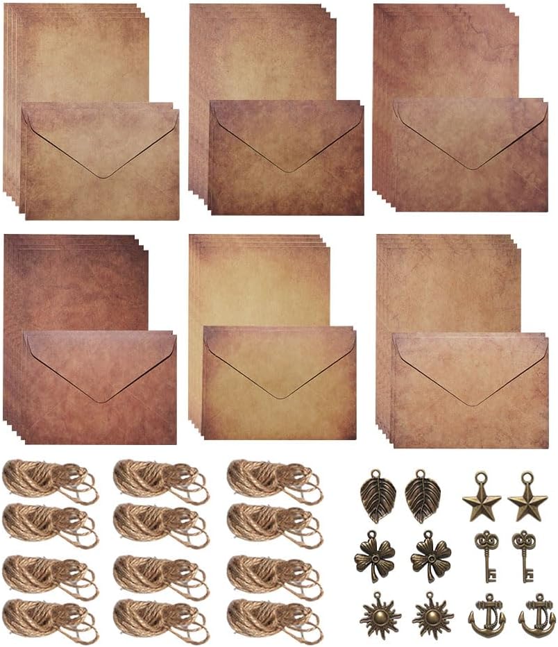 JZS Vintage Stationary Paper and Envelopes Set, Writing Stationery Paper Letter and Envelopes Includes Sheets Antique Letter Papers, Kraft Envelopes, Retro Accessories, Rope(6 Set)