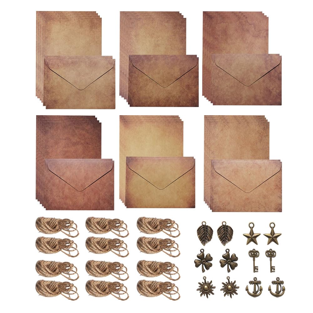 JZS Vintage Stationary Paper and Envelopes Set, Writing Stationery Paper Letter and Envelopes Includes Sheets Antique Letter Papers, Kraft Envelopes, Retro Accessories, Rope(6 Set)