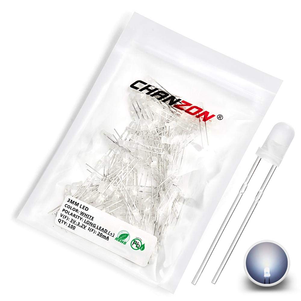 CHANZON100 pcs 3mm White LED Diode Lights (Diffused Round DC 3V 20mA) Lighting Bulb Lamps Electronics Components Light Emitting Diodes